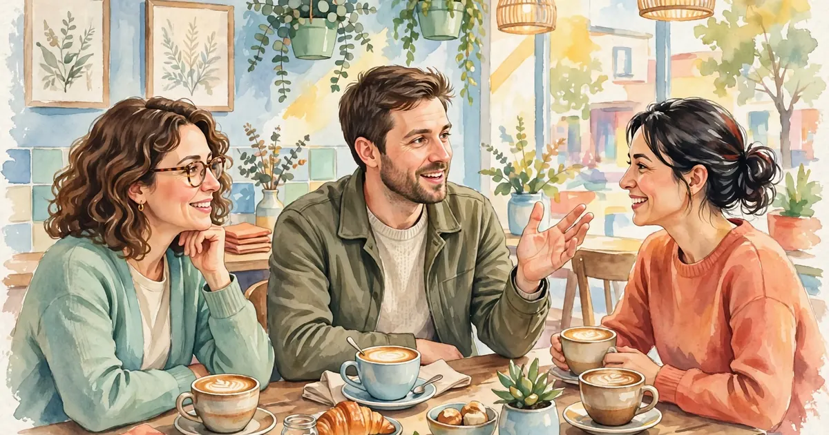 A man chatting happily with colleagues around a table, cups of coffee in front of them