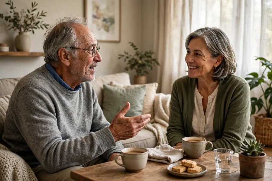 A man chatting with a friend over coffee at home, taking his time as he speaks