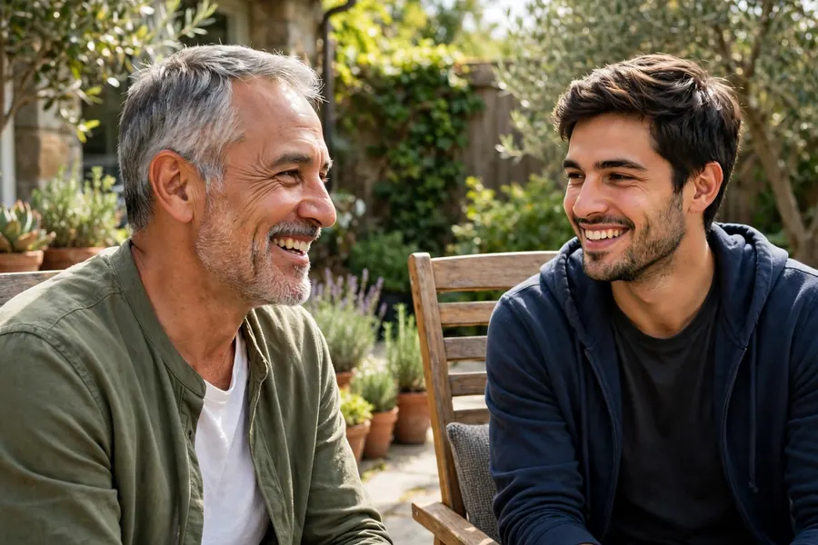 A man chatting with his adult son while sitting on chairs in a sunny garden