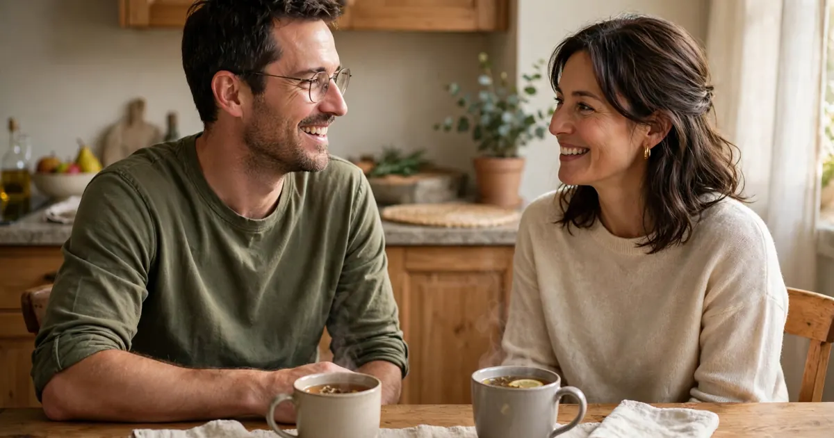 A man talking with his wife at a kitchen table at home, smiling as they chat together