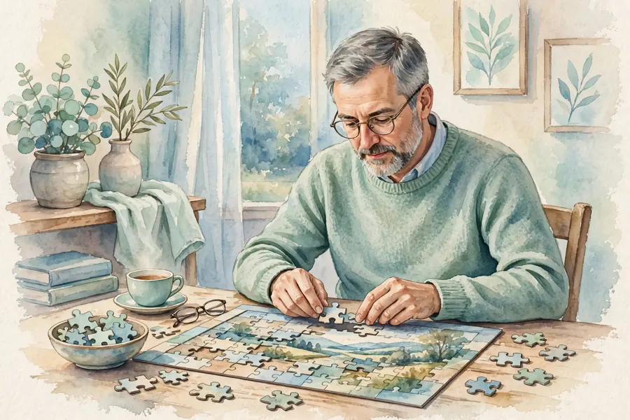 A man sitting at a table at home, concentrating gently on a jigsaw puzzle in natural light