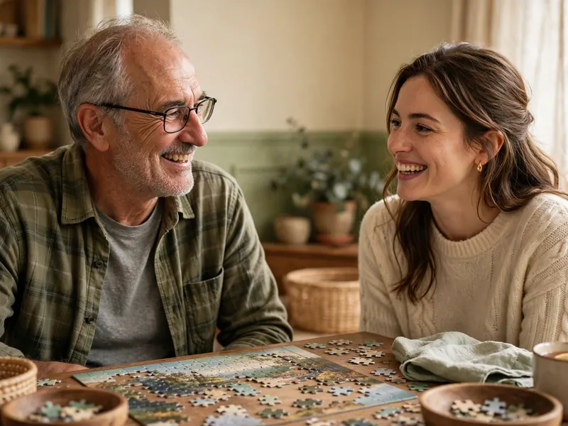 A man doing a jigsaw puzzle with his daughter at a table