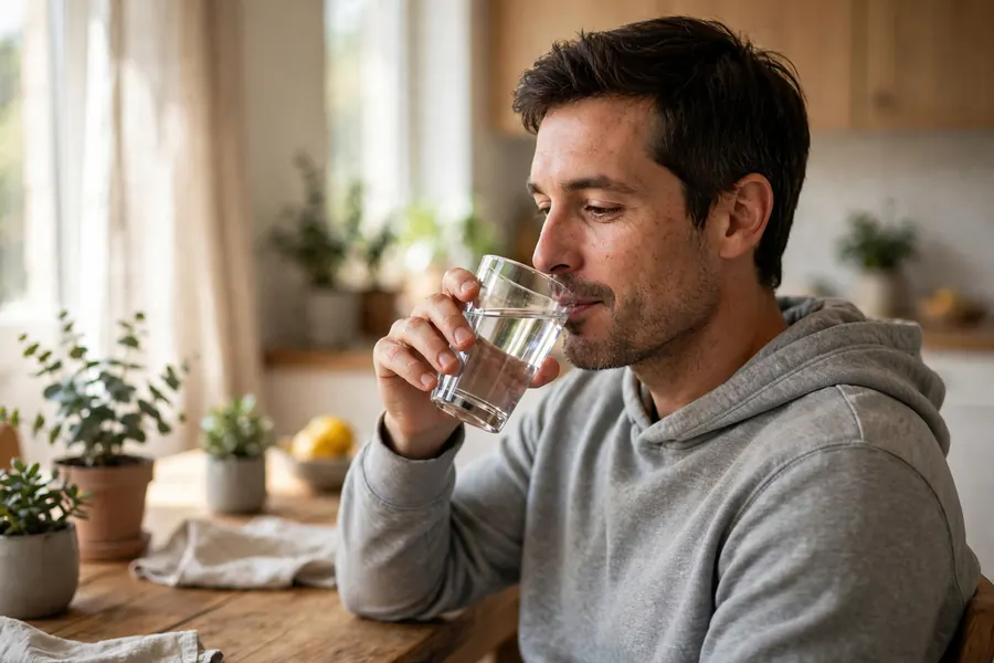A man sitting comfortably at a kitchen table at home, drinking a glass of water