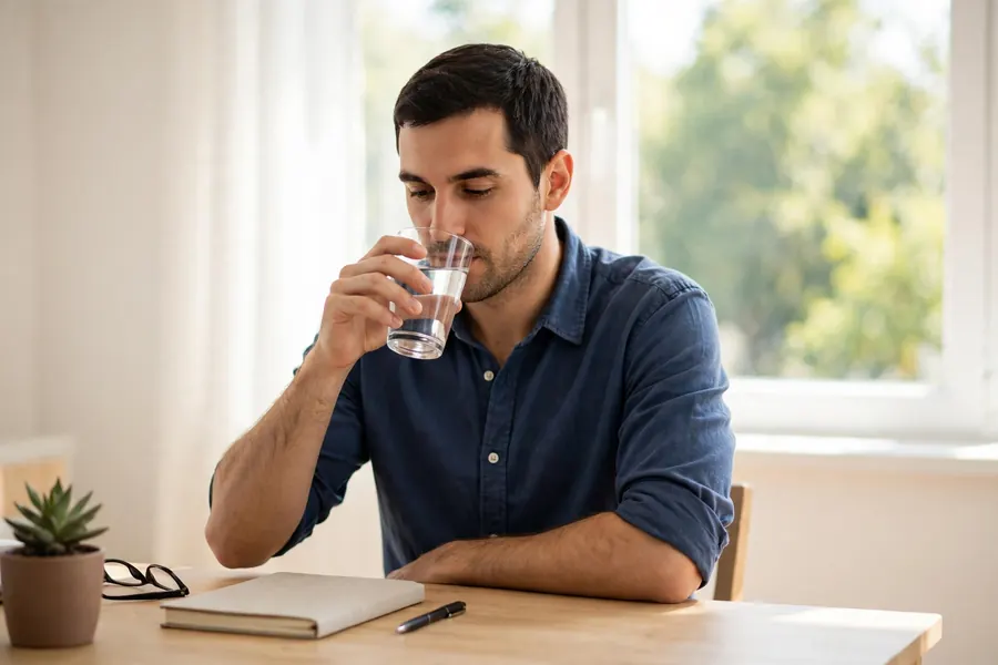 A man sipping water from a glass at his desk during a quiet break from talking