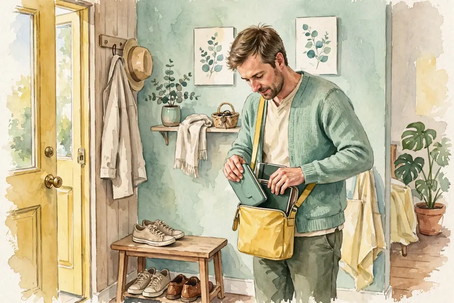 A man placing a notebook and a glasses case into a small bag at home before leaving for an appointment