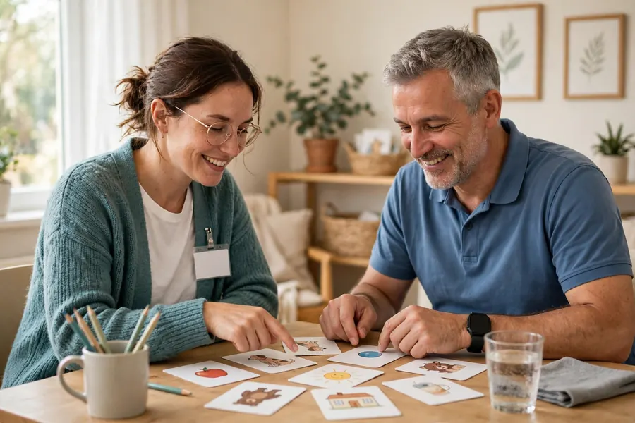 A man practising phrases with a speech and language therapist at a table, picture cards between them
