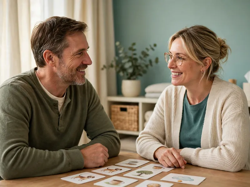 A man practising speech with a therapist using picture cards