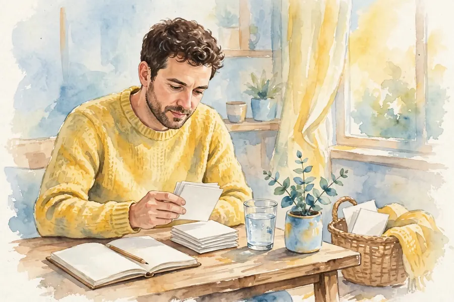 A man sitting at a table at home, practising speech sounds with simple word cards