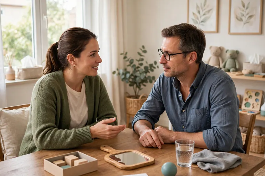 A speech and language therapist working with a man at a table, practising words together