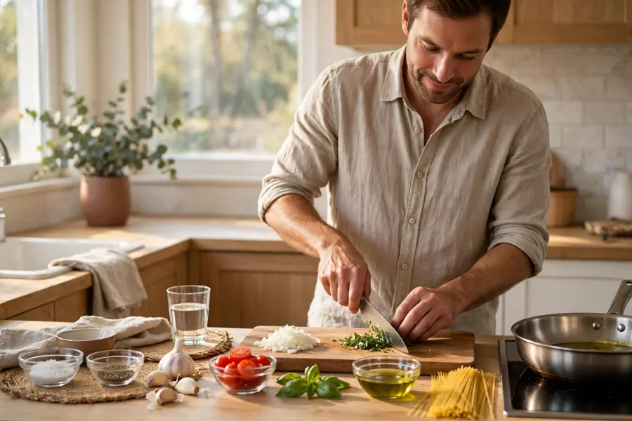 A man preparing a simple meal step by step in a kitchen at home