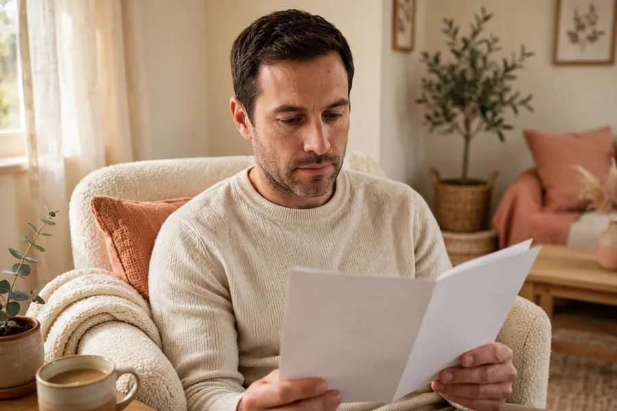 A man sitting in an armchair at home, reading an information leaflet