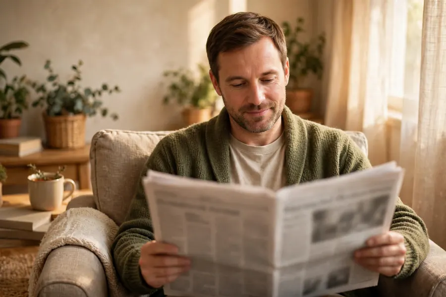 A man reading a newspaper slowly, at his own pace, in a comfortable chair at home