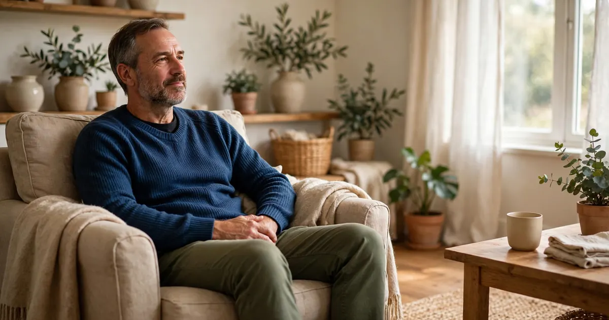 A man resting quietly in an armchair at home while his voice recovers