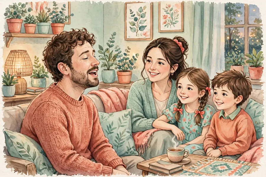 A man singing softly at home while his family listens and smiles