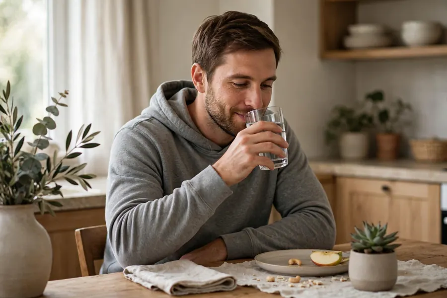A man sitting at a kitchen table at home, sipping a glass of water