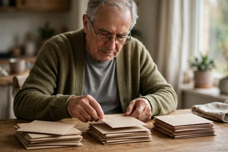 A man sorting letters into neat piles on a table at home