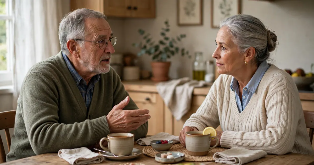 A man sitting at a kitchen table at home, speaking slowly and carefully with his wife