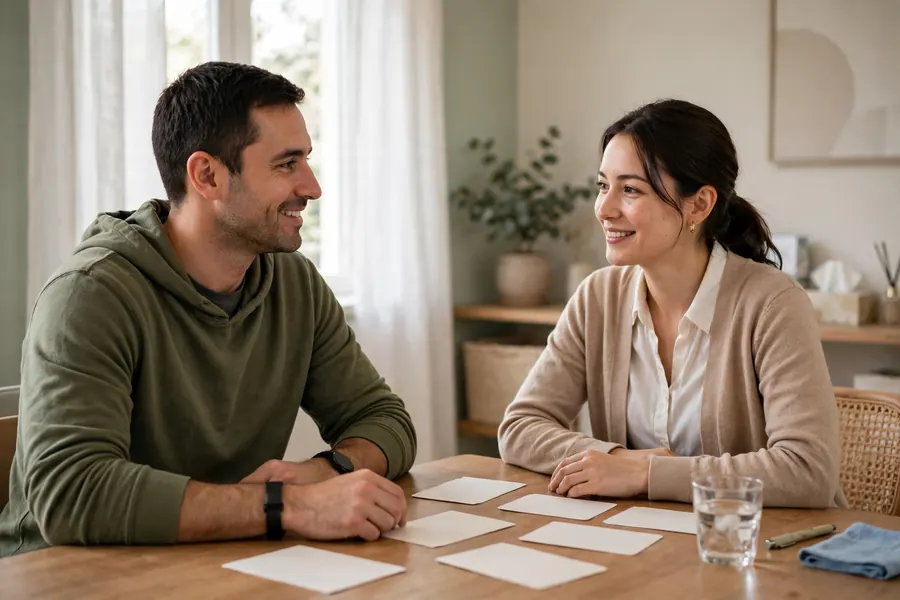 A man sitting at a table talking with a speech and language therapist in a bright room