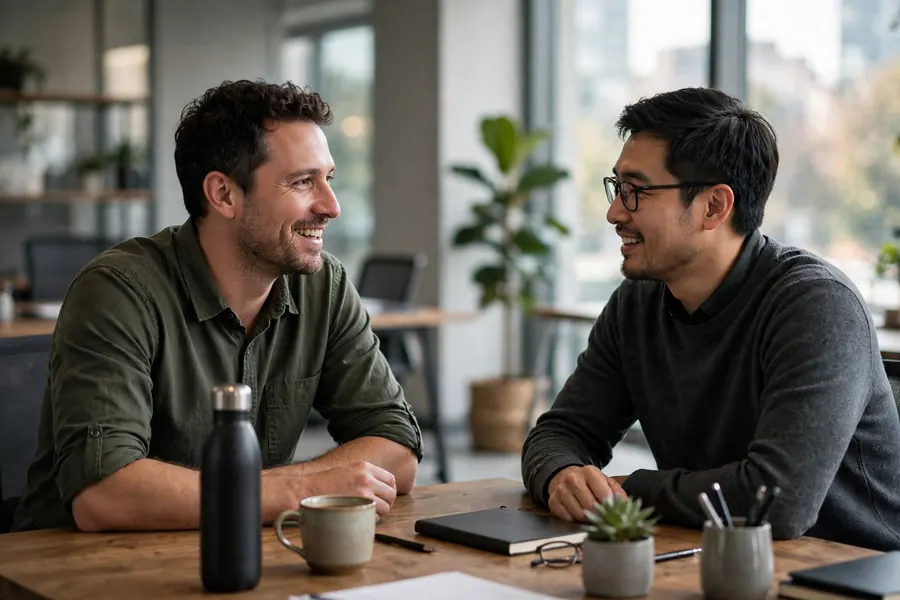 A man talking comfortably with a colleague across a desk in a quiet office
