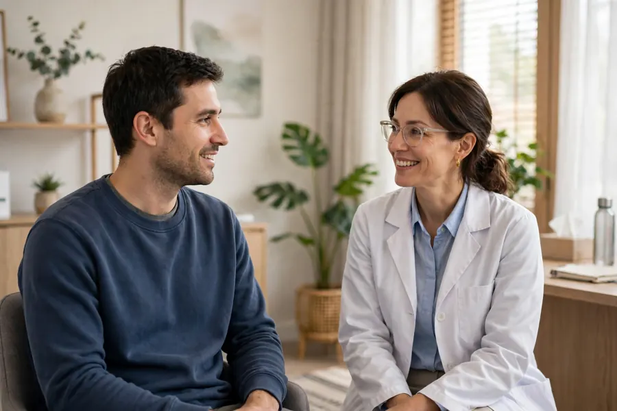 A man talking with his doctor in a calm, bright consulting room