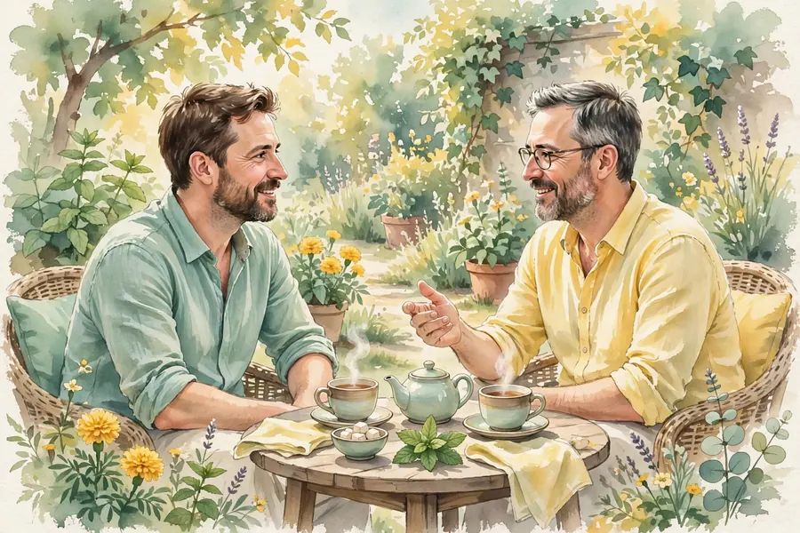 A man sitting in a garden, talking with a friend over a cup of tea
