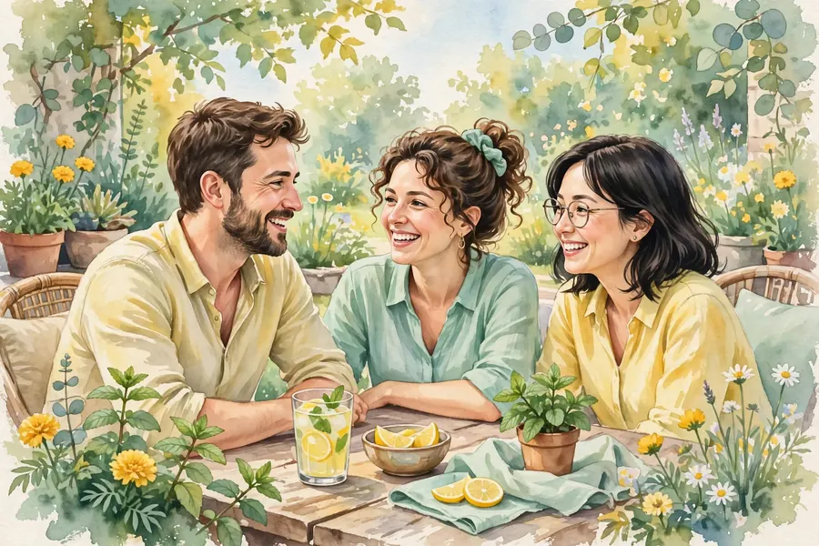 A man chatting with two friends in a sunny garden at home