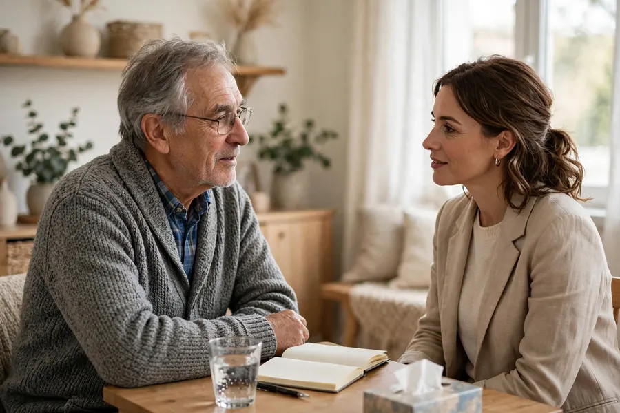 A man talking with a speech and language therapist across a table during his first appointment