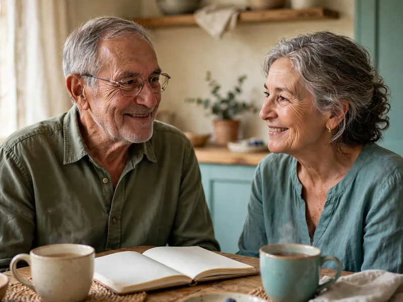 A man talking with his wife at their kitchen table, a notebook open beside them
