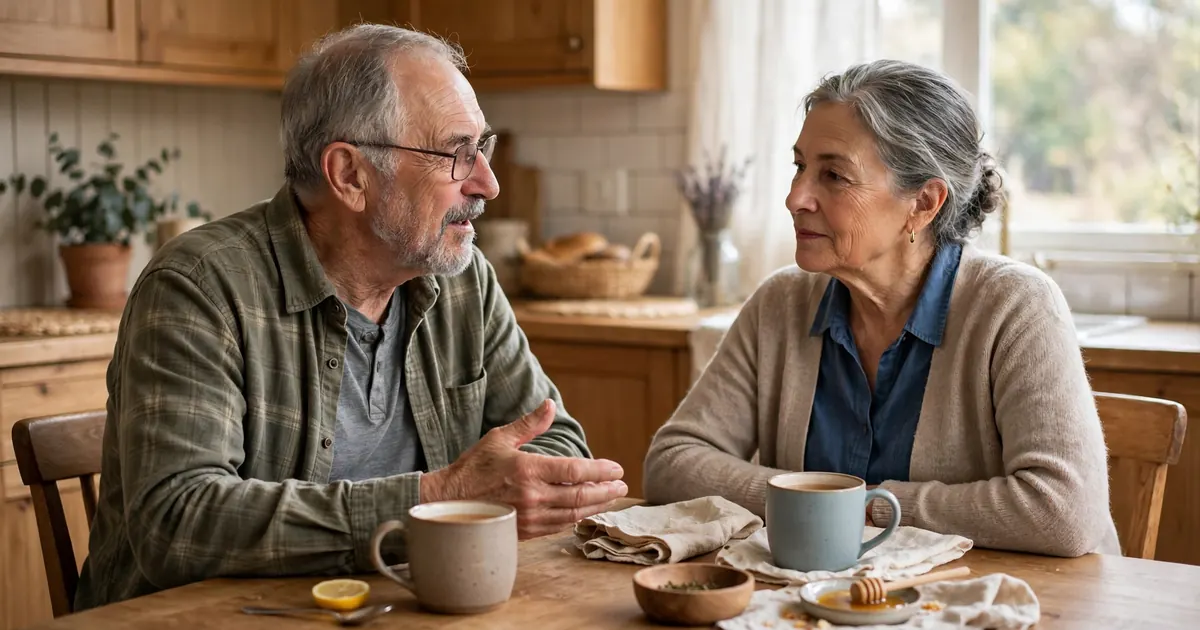 A man talking with his wife at their kitchen table at home, taking his time over each word