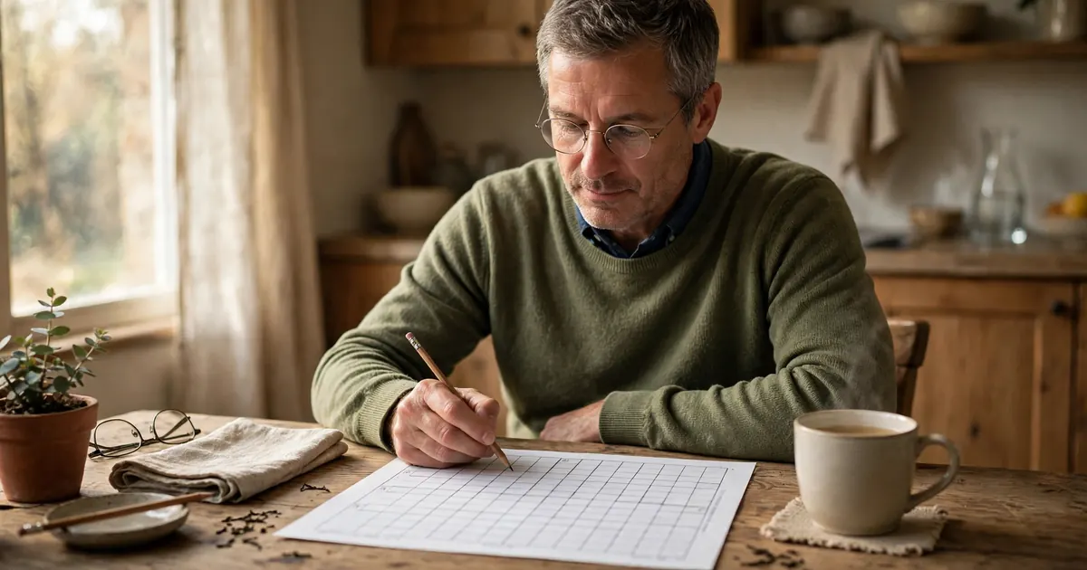 A man sitting at a kitchen table at home, working slowly and thoughtfully on a crossword puzzle with a cup of tea beside him