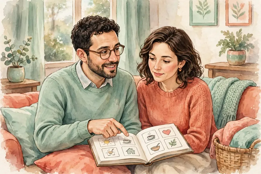 A man pointing to a page in a communication book while his partner watches and listens