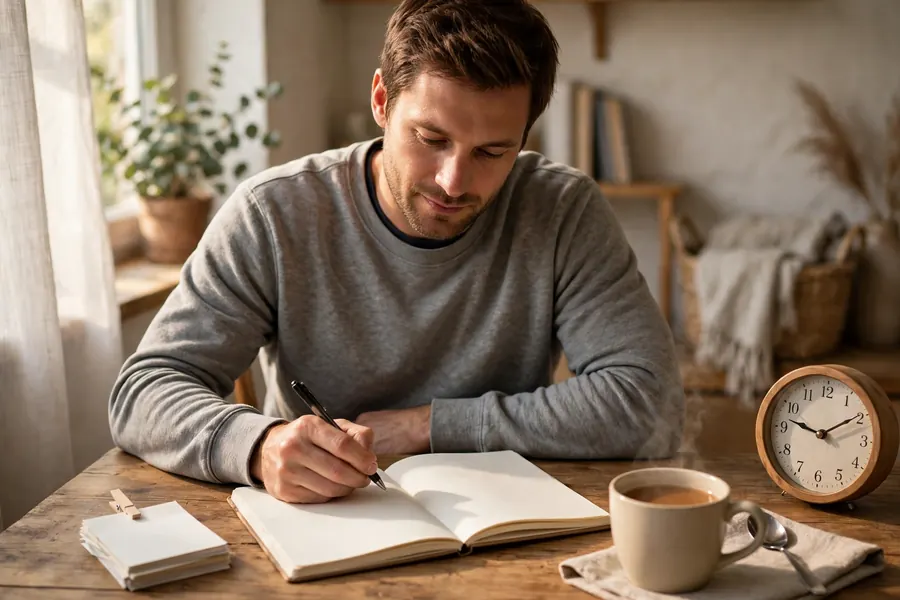 A man sitting at a table at home with an open notebook, calmly planning his day one step at a time