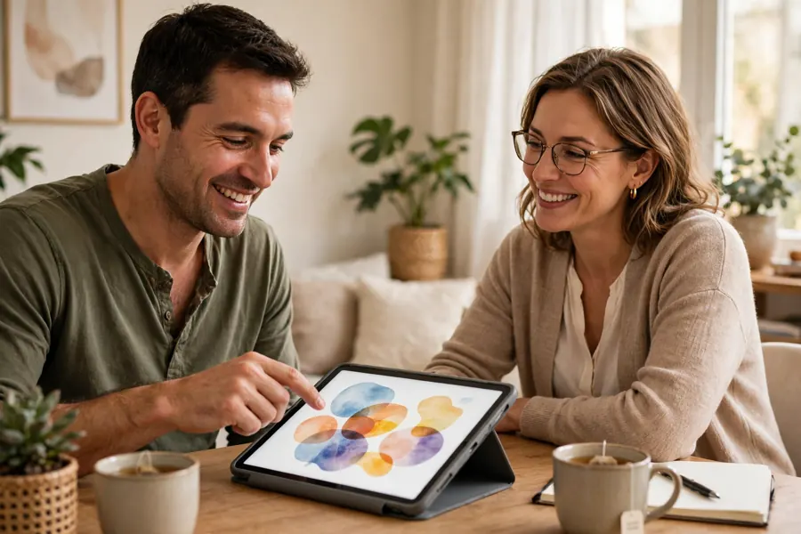 An adult man tapping a speech-generating device on a table while talking with a therapist in a bright room
