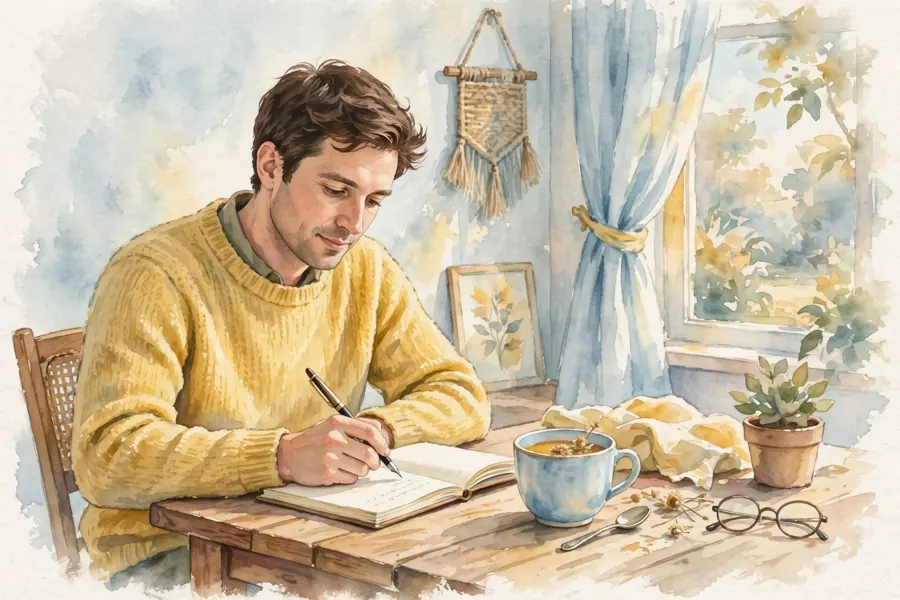 A man writing slowly and thoughtfully in a notebook at a table at home