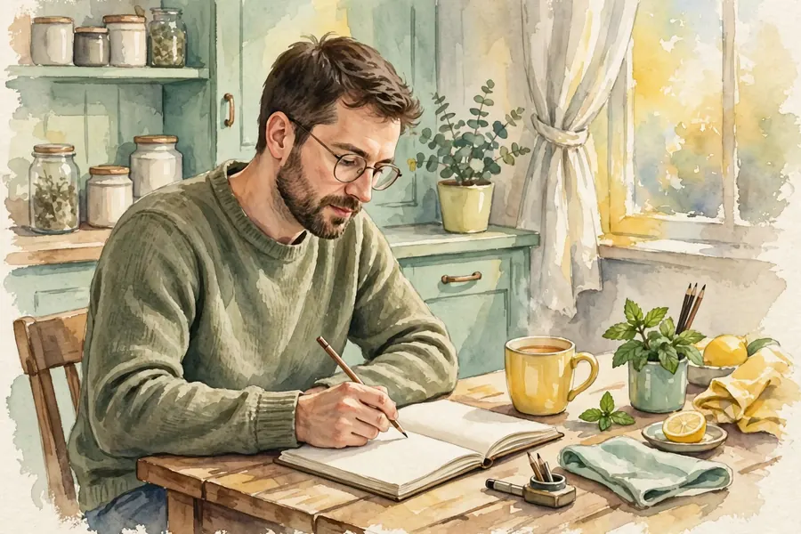 A man sitting in a kitchen at home, writing notes in a notebook