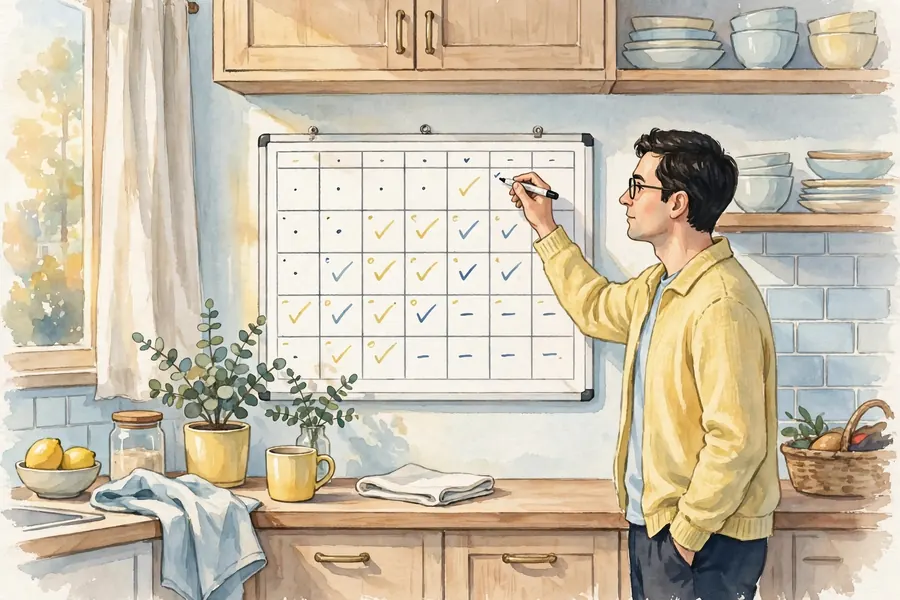 A man writing reminders on a whiteboard calendar in a kitchen at home