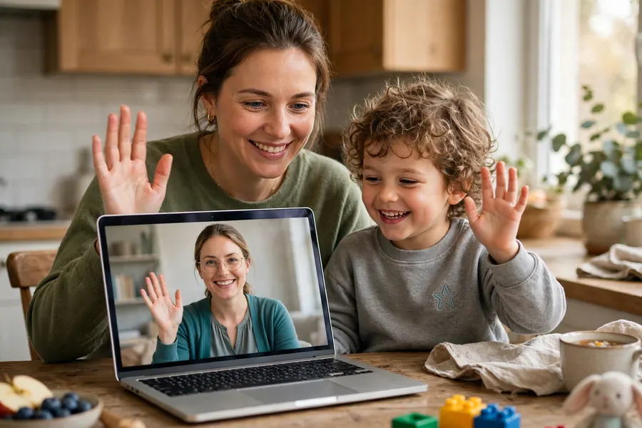 A mother and her child at home waving hello to their speech and language therapist on a laptop screen