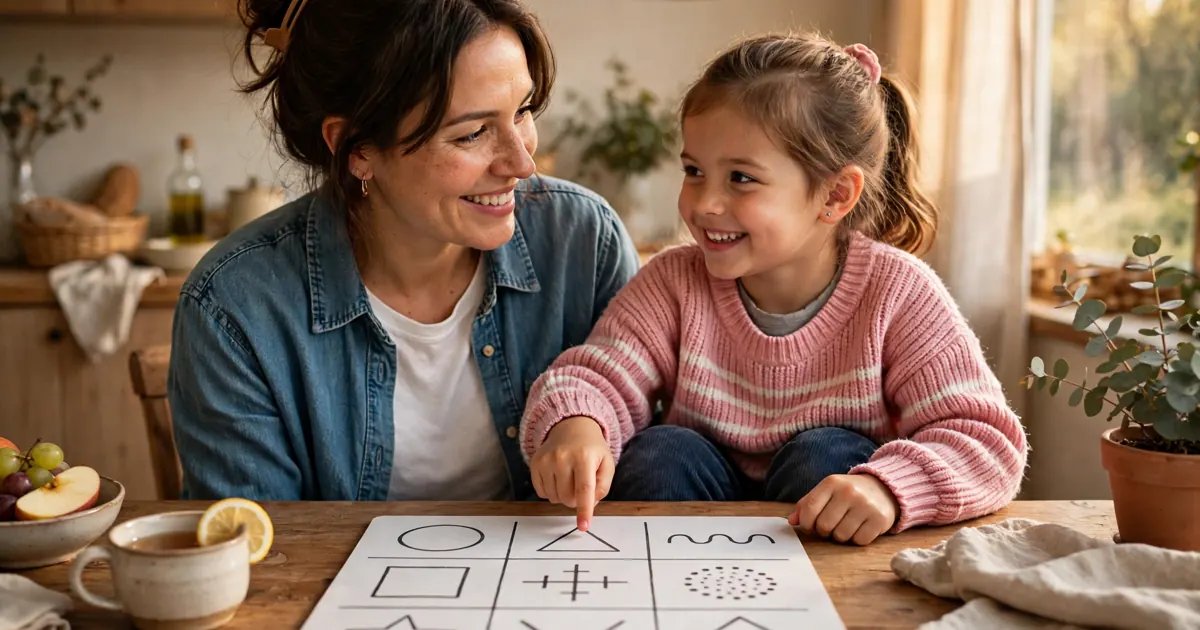 A mother and her young daughter sitting together at a kitchen table, smiling as the child points to a picture symbol board