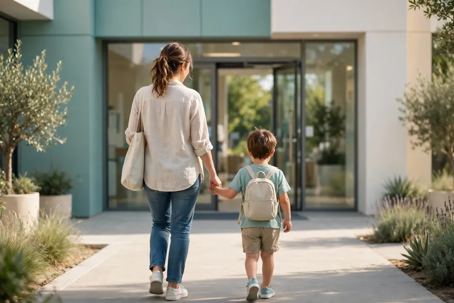 A mother and her young child walking hand in hand towards the welcoming door of a clinic