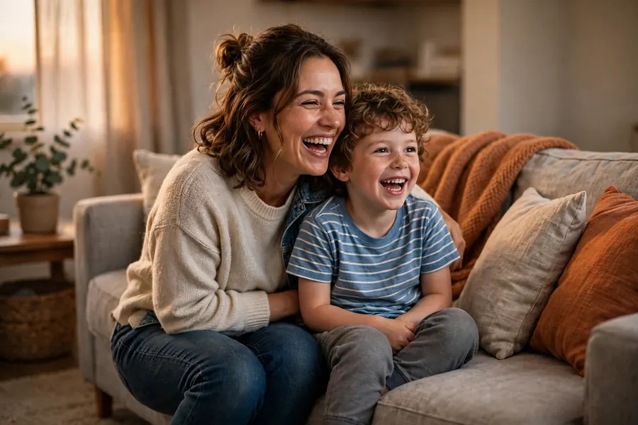 A mother and child laughing together on the sofa at a favourite moment from a programme they know by heart