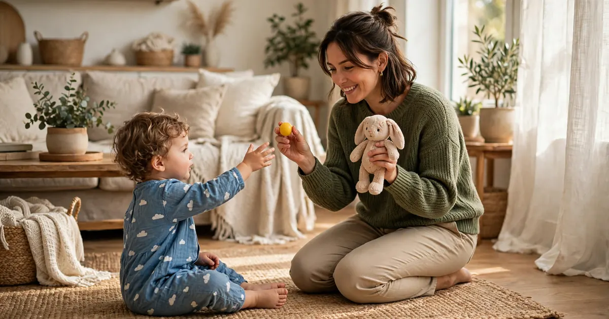 A mother kneeling at home holding up a ball and a soft toy, offering her toddler a choice between the two