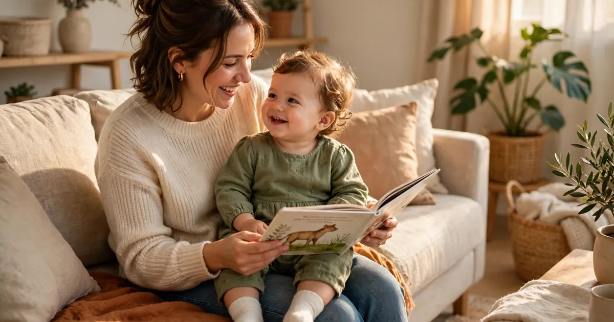 A mother reading a picture book with her baby on a sofa at home, both smiling