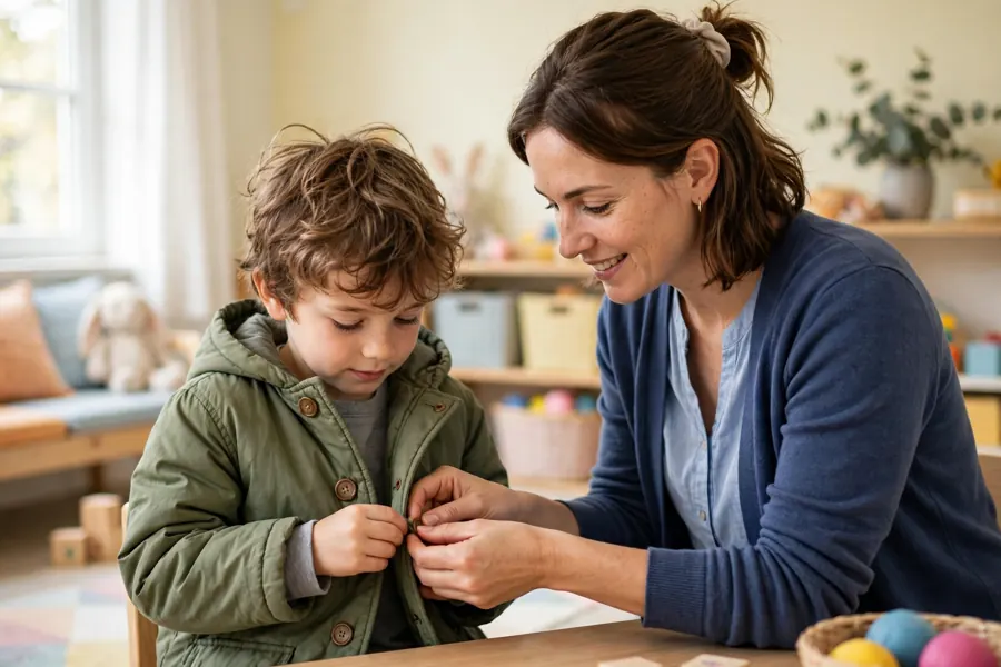 An occupational therapist guiding a child as they practise fastening the buttons on a coat