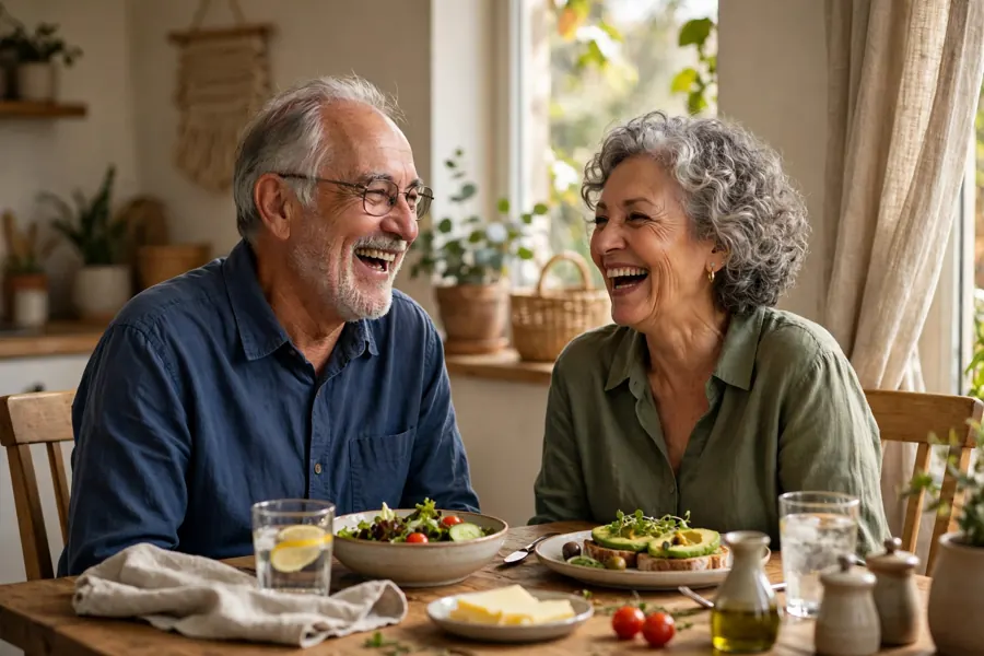 An older couple sitting together at a dining table at home, laughing over lunch