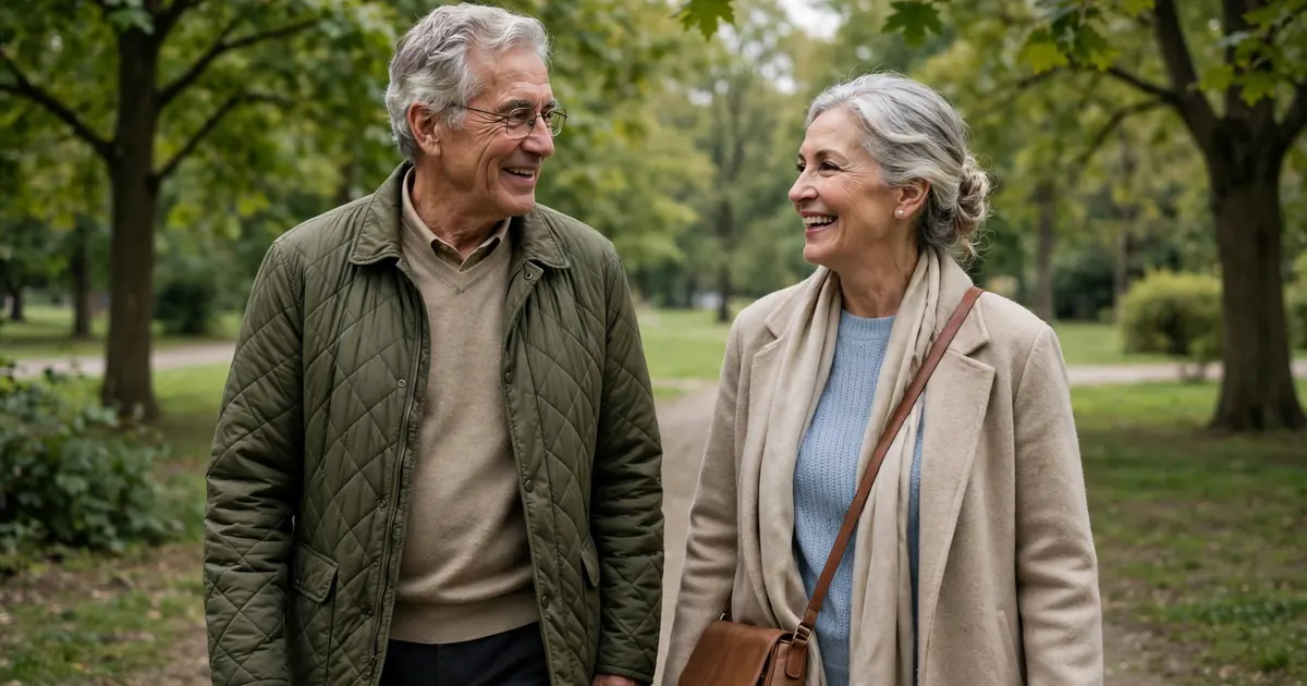 An older couple walking together along a path in a park, talking as they go
