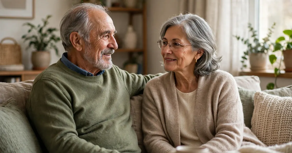 An older man sitting on a sofa at home, chatting calmly with his wife