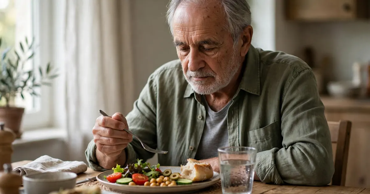 An older man sitting at a dining table at home, eating his lunch slowly and thoughtfully