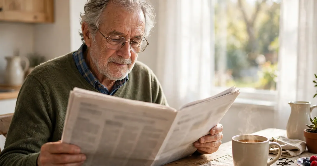 An older man reading a newspaper at his kitchen table in bright morning light