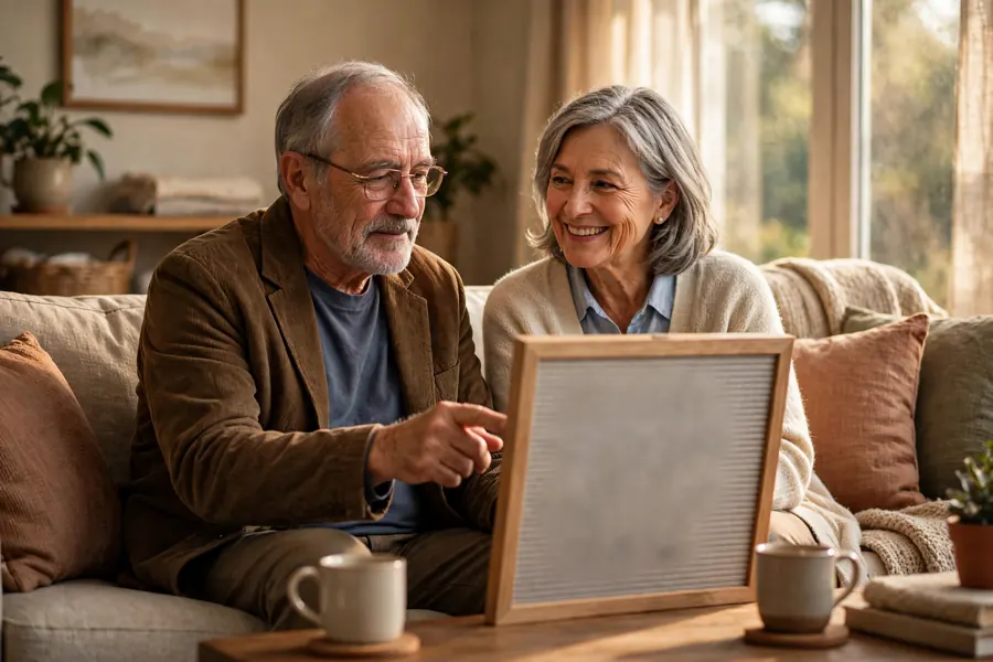 An older man pointing to letters on a simple board at home while his wife sits beside him smiling
