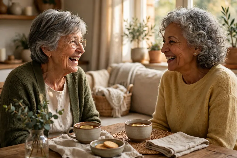An older woman chatting with a friend over a cup of tea at home